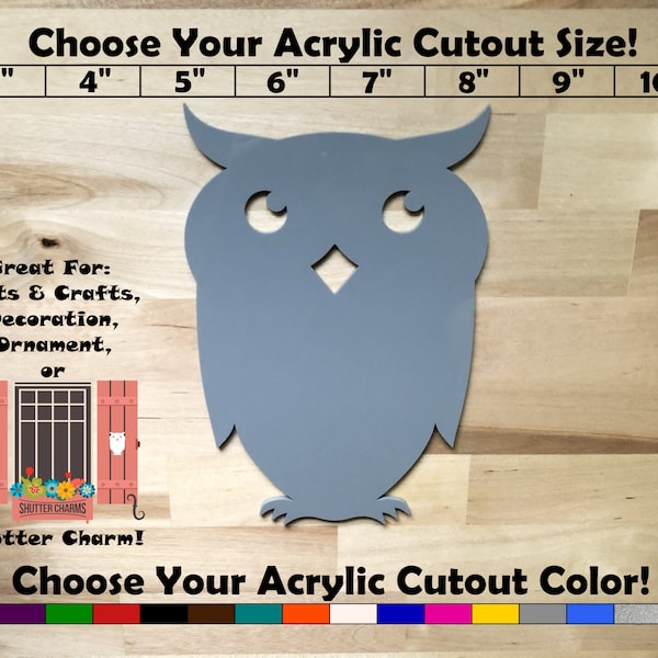 Owl Shape - Acrylic Cutout - Blanks - Indoor or Outdoor - Color Front, Back & Edges - Laser Cut - Shutter Charm