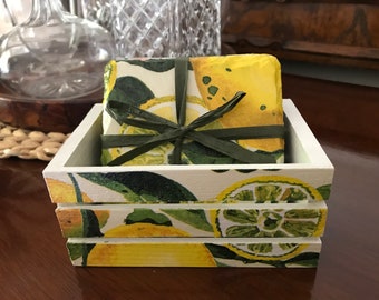 Emma Bridgewater Lemon Slate Coasters, Handmade Decoupage Coaster Set