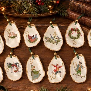 12 Days of Christmas Oyster Shell Ornaments, Gold Gilded Tree Decorations