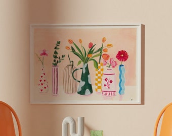 Eclectic flower vase print, gouache flowers art