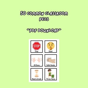 Può includere: Un documento digitale intitolato 50 COMMON CLASSROOM PECS PDF DOWNLOAD che presenta una griglia di sei schede di comunicazione visiva. Ogni scheda contiene un'icona semplice e un'etichetta di testo: Stop, Quiet, All Done, Safe Hands, Need a break, Throw Away.