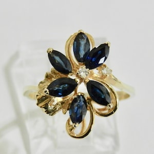 Sapphire and Diamond Cocktail RIng Marquis Sapphires 14k Yellow Gold
