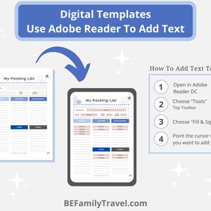 May include: Digital packing list templates with instructions on how to add text using Adobe Reader. The image shows a packing list on paper and a tablet, with a blue arrow pointing from the paper to the tablet. The text reads "My Packing List".