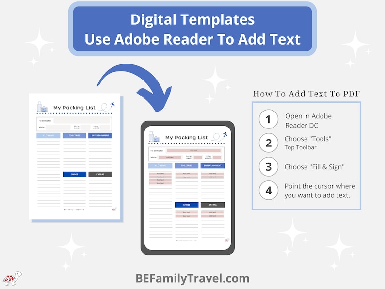 May include: Digital packing list templates with instructions on how to add text using Adobe Reader. The image shows a packing list on paper and a tablet, with a blue arrow pointing from the paper to the tablet. The text reads "My Packing List".