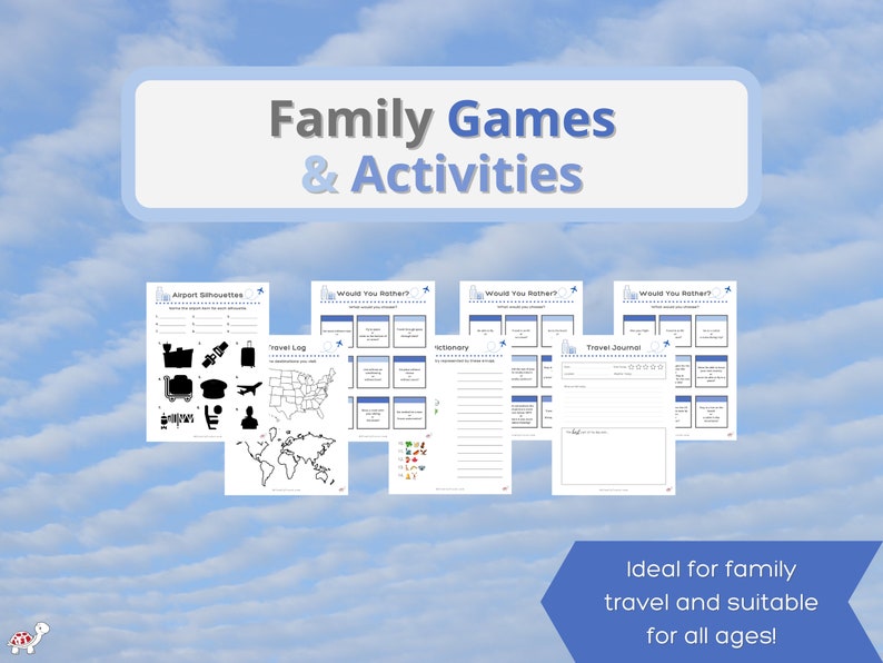 May include: A collection of printable family travel games and activities. The image features several pages with titles like "Airport Silhouettes" and "Would You Rather?" against a blue sky background. Text includes "Family Games & Activities".