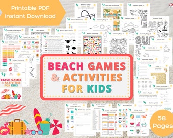 Beach Games & Activities for Kids: 58-Page Printable Travel Games (Digital Download)