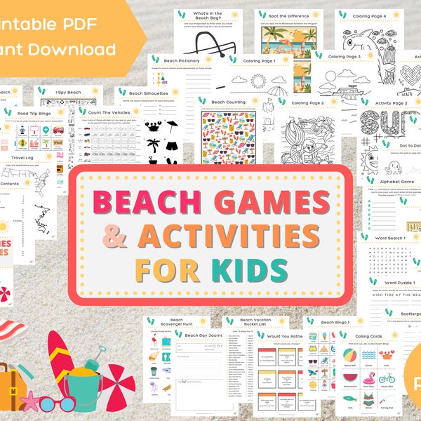 Beach Games & Activities For Kids (58 pages) includes Printable Travel Games and Beach Activities For Families.