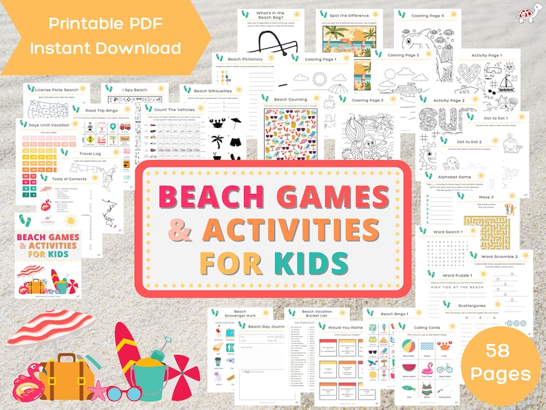 Puede incluir: Un folleto PDF imprimible con 58 p&aacute;ginas de juegos y actividades con tem&aacute;tica de playa para ni&ntilde;os. La portada presenta una ilustraci&oacute;n colorida de una escena de playa con una sombrilla de playa, una maleta, un cubo y una pala, y gafas de sol. El t&iacute;tulo "Juegos de playa y actividades para ni&ntilde;os" est&aacute; escrito en letras grandes y en negrita.