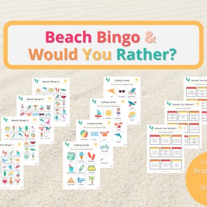 Puede incluir: Cuatro tableros de bingo de playa coloridos y 36 tarjetas de llamada con ilustraciones de tem&aacute;tica playera. Las tarjetas presentan im&aacute;genes de art&iacute;culos de playa como chanclas, gafas de sol, helados y pelotas de playa.