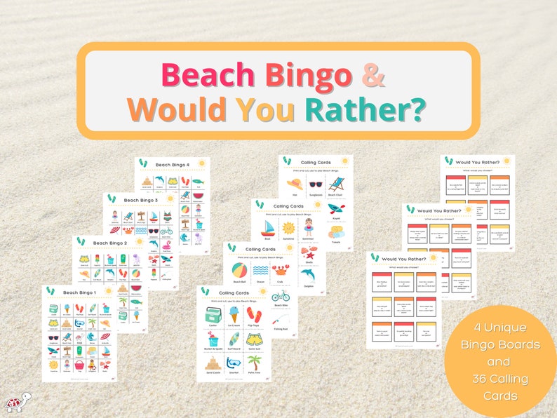 Puede incluir: Cuatro tableros de bingo de playa coloridos y 36 tarjetas de llamada con ilustraciones de tem&aacute;tica playera. Las tarjetas presentan im&aacute;genes de art&iacute;culos de playa como chanclas, gafas de sol, helados y pelotas de playa.