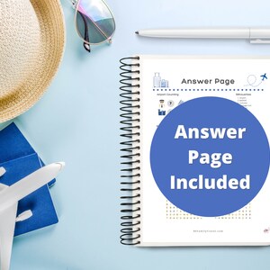 May include: A travel-themed flat lay featuring a straw hat, sunglasses, a blue passport, and a toy airplane. A spiral-bound notebook with the text "Answer Page Included" is also present, along with a white pen, all on a light blue surface.