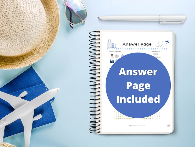 May include: A travel-themed flat lay featuring a straw hat, sunglasses, a blue passport, and a toy airplane. A spiral-bound notebook with the text "Answer Page Included" is also present, along with a white pen, all on a light blue surface.