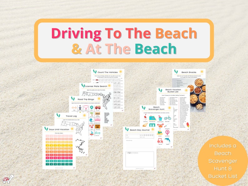 Puede incluir: Un conjunto de actividades imprimibles para un viaje a la playa. El conjunto incluye una b&uacute;squeda del tesoro en la playa, una lista de deseos para las vacaciones en la playa, un diario de viaje, un bingo de viaje por carretera, una b&uacute;squeda de placas de matr&iacute;cula, una actividad de contar los veh&iacute;culos, una cuenta regresiva de los d&iacute;as hasta las vacaciones y un diario de un d&iacute;a en la playa.