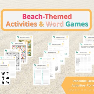 Puede incluir: Actividades y juegos de palabras con tem&aacute;tica de playa imprimibles para ni&ntilde;os. El conjunto incluye 10 juegos diferentes, como b&uacute;squedas de palabras, anagramas y encuentra las diferencias. Los juegos est&aacute;n impresos en papel blanco con un esquema de color verde y azul. Los juegos miden 8,5 pulgadas por 11 pulgadas.