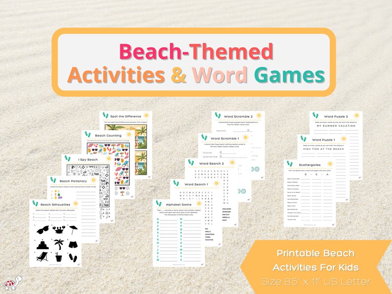 Puede incluir: Actividades y juegos de palabras con tem&aacute;tica de playa imprimibles para ni&ntilde;os. El conjunto incluye 10 juegos diferentes, como b&uacute;squedas de palabras, anagramas y encuentra las diferencias. Los juegos est&aacute;n impresos en papel blanco con un esquema de color verde y azul. Los juegos miden 8,5 pulgadas por 11 pulgadas.