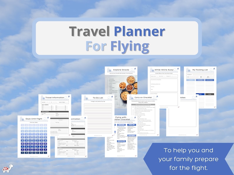 May include: A travel planner for flying, featuring various printable checklists and forms. Includes sections for travel information, to-do lists, packing, and more. The text "Travel Planner For Flying" is displayed prominently.