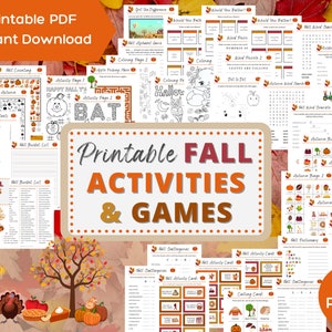 Printable Fall Activities and Games For Kids (45 Pages) includes Autumn, Halloween, Thanksgiving