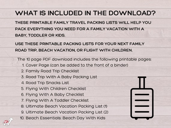 printable family travel packing lists 10 pages etsy