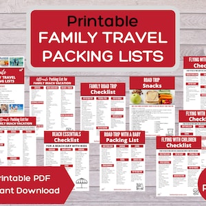 Puede incluir: Listas de empaque para viajes familiares imprimibles en rojo y blanco con fondo de madera. Las listas incluyen: Ultimate Family Travel Packing Lists, Ultimate Packing List for Family Beach Vacation, Family Road Trip Checklist, Road Trip Snacks, Beach Essentials Checklist for a Beach Day with Kids, Road Trip with a Baby Packing List, Flying with a Toddler Checklist, Flying with a Baby Checklist, y Flying with Children Checklist. El texto "Printable PDF Instant Download" y "10 Pages" también está incluido.