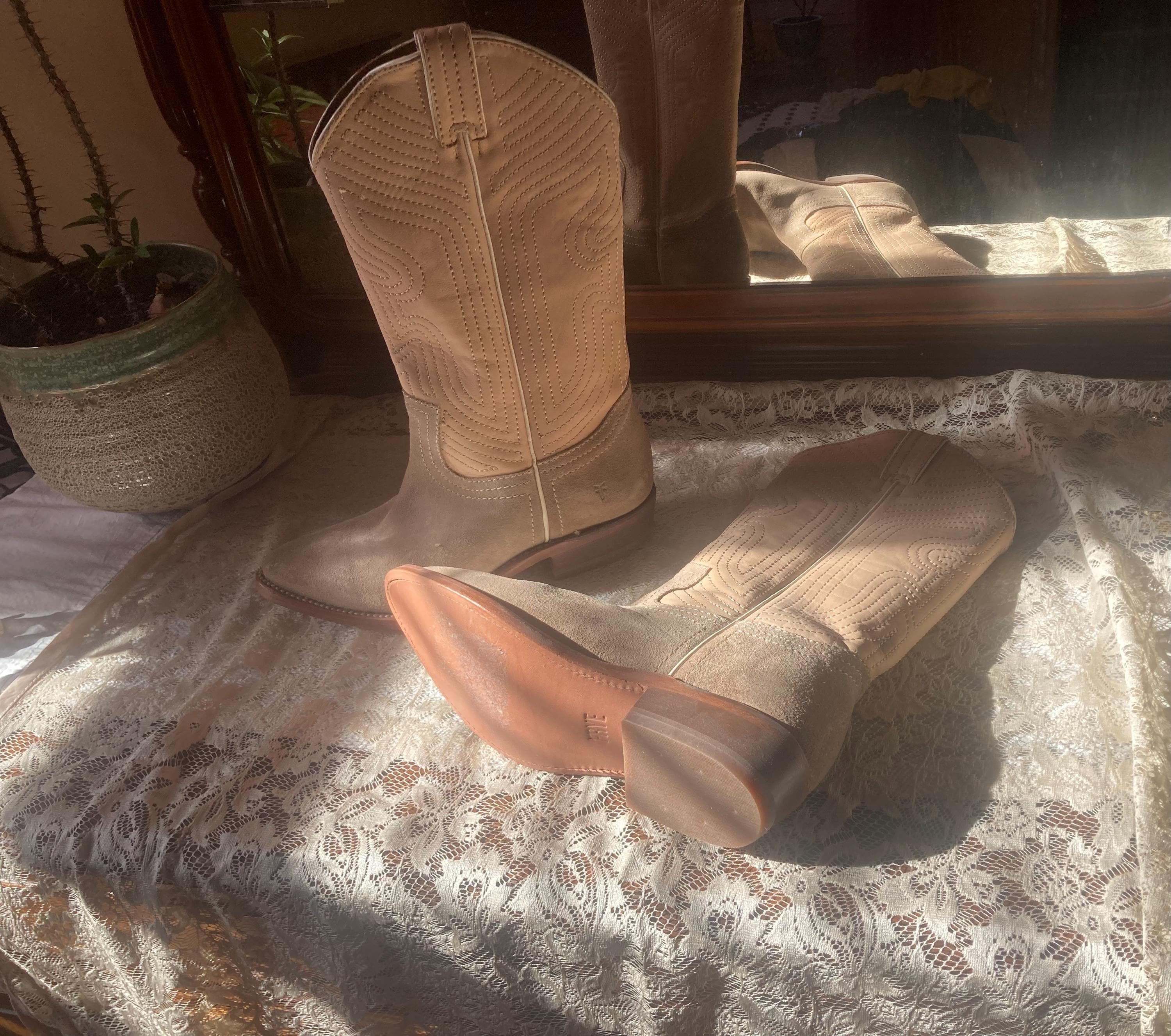 Frye Tan Suede Western Booties Ladies Vintage FRYE Leather Cowgirl Western Ankle Boots  main image 2