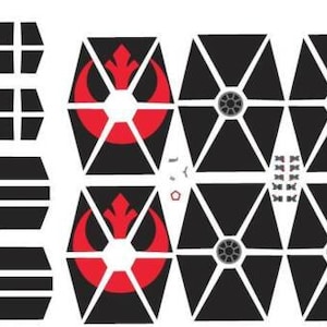 May include: A set of 10 black and white Star Wars TIE Fighter and Rebel Alliance symbol decals. The decals are designed to be applied to a variety of surfaces, including walls, windows, and vehicles.