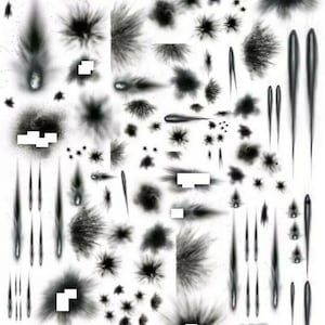 Peut inclure: Une collection d'éclaboussures et de traînées de peinture en aérosol noires et blanches sur un fond blanc. Les éclaboussures sont de différentes tailles et formes, et certaines ont un bord plus défini que d'autres. Les traînées sont longues et fines, et certaines ont une légère courbe.