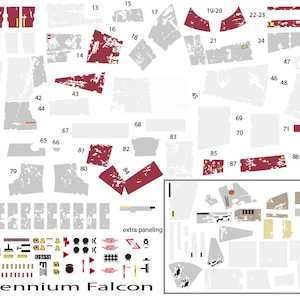 May include: A detailed diagram of the Bandai 1/144 Millennium Falcon model kit. The diagram shows the different parts of the model, including the hull, wings, and engines. The parts are numbered and labeled with their corresponding names. The diagram also includes instructions for assembling the model.