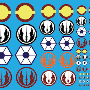 May include: A sheet of 24 Star Wars themed iron-on decals. The decals feature various symbols, including the Rebel Alliance logo, the Jedi Order symbol, and the Death Star.