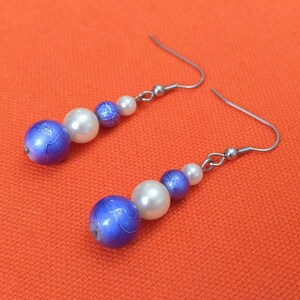 Purple pearl earrings, purple crackle effect glass beads and white pearlescent glass beads, stainless steel jewellery