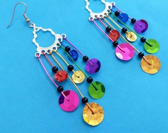 Rainbow festival earrings, sparkly dangly, silver chandeliers with colourful wire and sequins in purple blue green yellow orange red pink