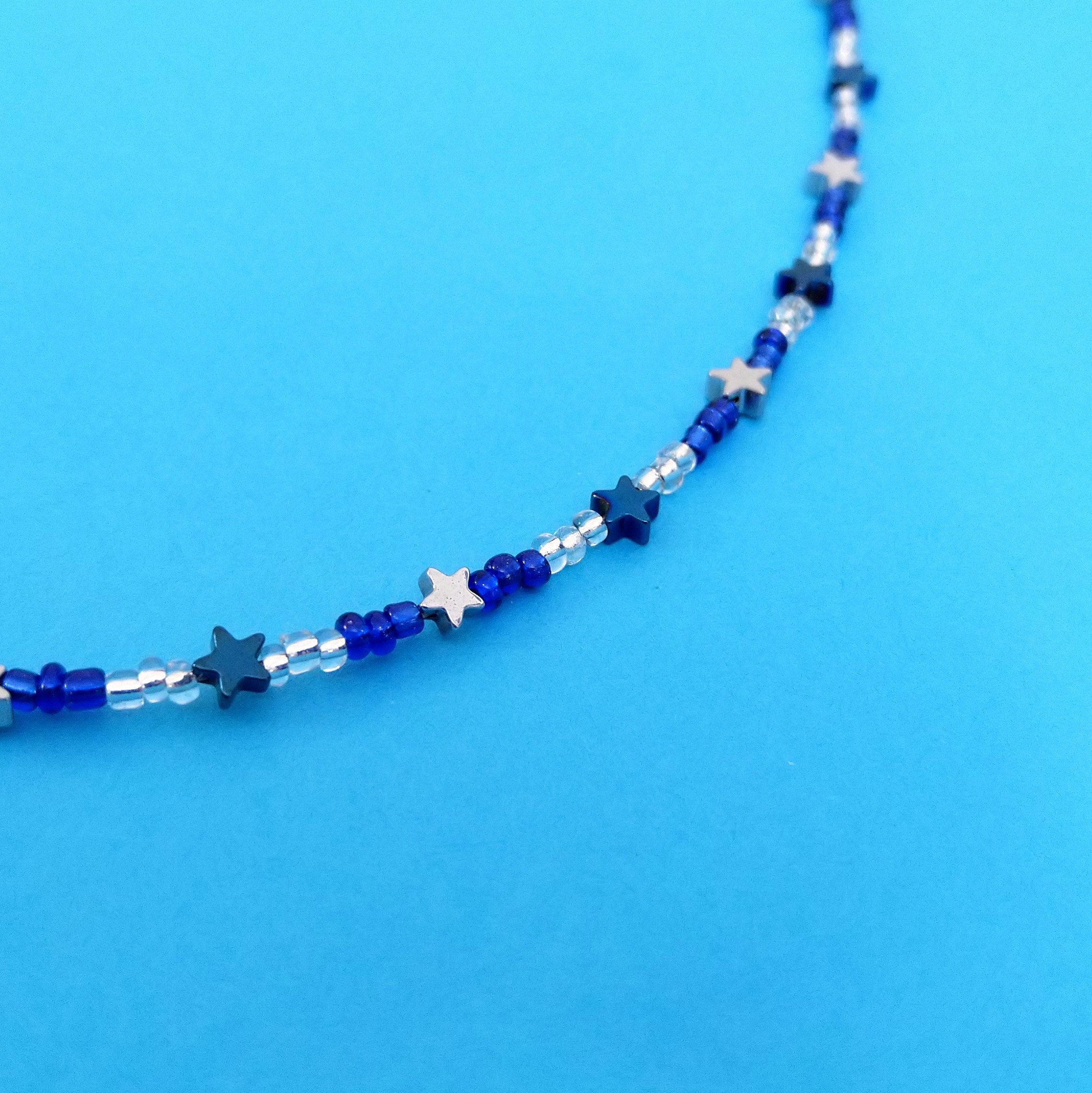 Blue Star Necklace, Silver and Blue Hematite Stars With