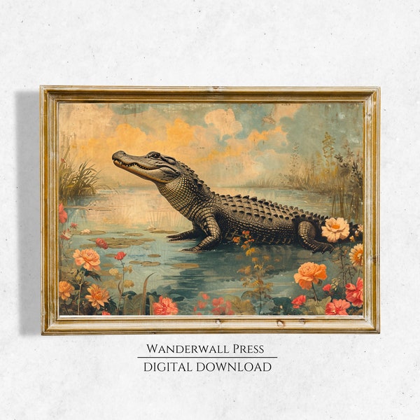 Alligator Gift, Downloadable Art, Botanical Art, Aesthetic Room Decor, Dark Cottagecore, Witchy Wall Art, Dark Academia Print, New Orleans