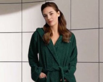 Personalized Green Turkish Cotton Terry Robe, Hooded Spa Robe
