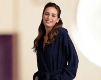 Personalized Turkish Cotton Terry Robe: Navy Hooded Bathrobe, Embroidered Gift