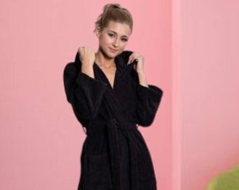 Personalized Black Turkish Cotton Terry Robe: Embroidered Hooded Bathrobe