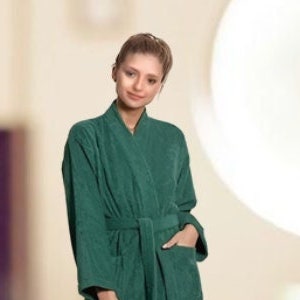 Island Luxe LUXURIOUS TURKISH BATHROBES Cotton Forest Green Terry Kimono Robe for Women, Lounging, Anniversary Gift for Wife, Hospital Terry