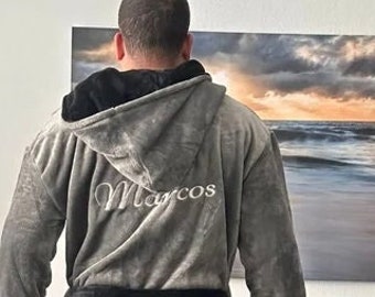 Luxuriöser Herrenbademantel, Fleecebademantel, bestickter Bademantel, personalisierter langer Bademantel mit Kapuze und Monogramm für Herren, Bademäntel für Herren