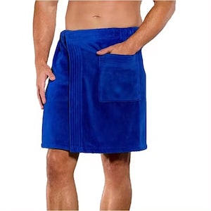 May include: A royal blue terry cloth wrap skirt with a single pocket on the right side.