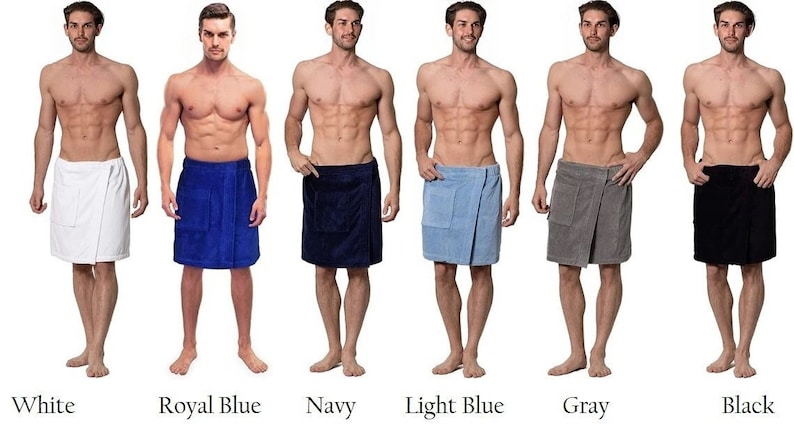 May include: Six men wearing different colored bathrobes. The robes are white, royal blue, navy, light blue, gray, and black. The robes are made of a soft, absorbent material and are perfect for wrapping up after a shower or bath.