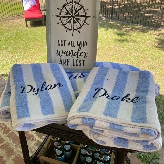 Toalhas de praia personalizadas ISLAND LUXE Cabana Stripe Azul Amarelo Cinza Verde Bordado Fabricado nos EUA e enviado