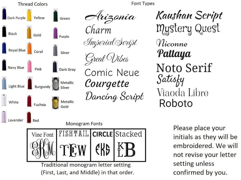 May include: A chart with thread colors, font types, and monogram fonts. The thread colors include dark purple, yellow, green, black, gold, purple, royal blue, coral, silver, navy blue, pink, dark gray, light blue, burgundy, metallic silver, white, fuchsia, metallic gold, lavender, and red. The font types include Arizona, Charm, Imperial Script, Great Vibes, Comic Neue, Courgette, Dancing Script, Kaushan Script, Mystery Quest, Niconne, Pattaya, Noto Serif, Satisfy, Viaoda Libre, and Roboto. The monogram fonts include Vine Font, Fishtail, Circle, and Stacked. The text below the monogram fonts reads "Traditional monogram letter setting (First, Last, and Middle) in that order."