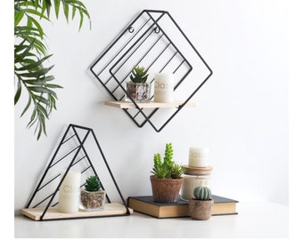 Floating Wall Shelf Triangle | Diamond, Wood& Metal - Gold/Black, Essential Oil Shelf, Living Room