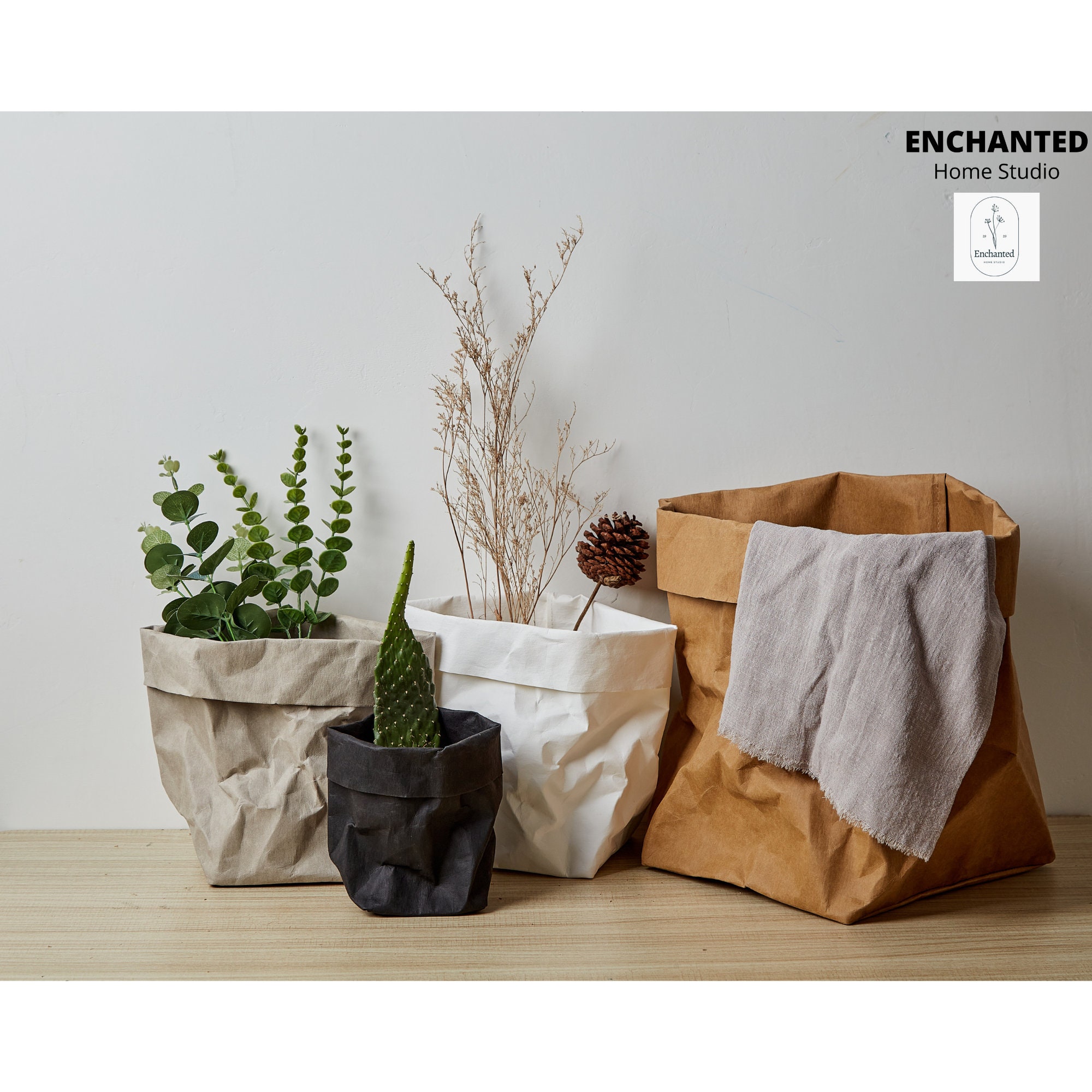 2PCS Washable Kraft Paper Bags Grey Eco-friendly Reusable Paper Bags  Storage Bag for Fruits Bread Vegetables Plants