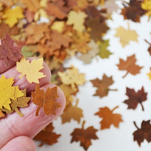 May include: A hand holding a collection of small, paper maple leaves in various shades of brown, yellow, and orange. The leaves are scattered on a white surface.