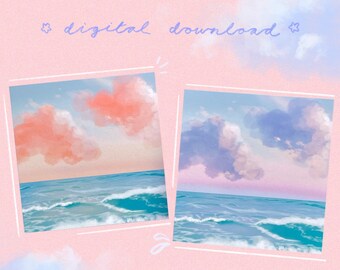 Lámina artística con diseño de cielo marino en tonos pastel de ensueño / Decoración costera para el hogar (Descarga digital)