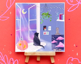 Magical Night Lofi Art Print | Cat, Pumpkin, Cozy Room Decor