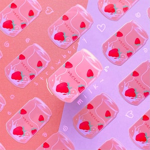 Leite de morango adesivo | Estética Rosa Sonhadora, Bebida Asiática Kawaii, Sangaria Japonesa | Adesivos de diário com marcadores, adesivos fofos, arte Ichigo