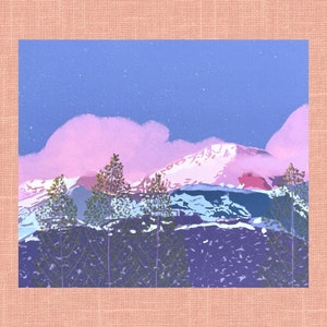 Dreamy Pink Cloud Snowy Mountain Art Print | Aesthetic Prints, Aesthetic Art Prints, Studio Ghibli, Studio Ghibli Print, Digital Art Prints