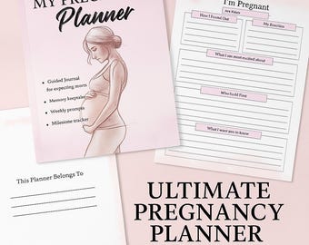 Puede incluir: Un planificador de embarazo imprimible rosa y blanco con el título "My Pregnancy Planner" y un dibujo de una mujer embarazada. El planificador incluye secciones para "I'm Pregnant", "This Planner Belongs To" y "Ultimate Pregnancy Planner".