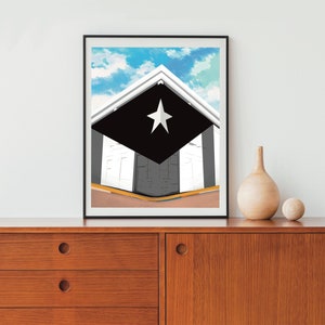 May include: A black and white geometric print of a building with a white star on the roof. The building is set against a blue sky with white clouds.